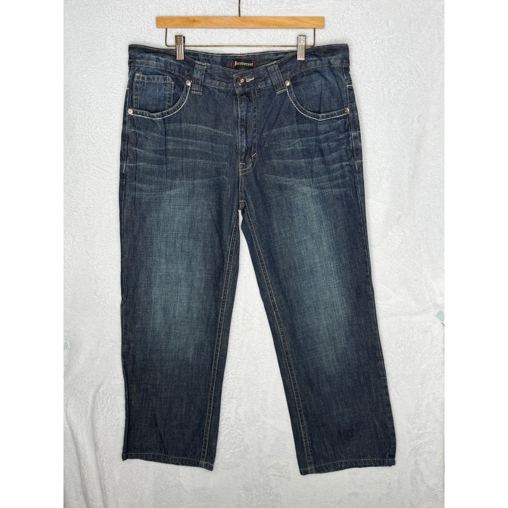 Irreverent Mens 38x30 Blue Straight Leg Dark Wash Embroidered Y2K Denim Jeans